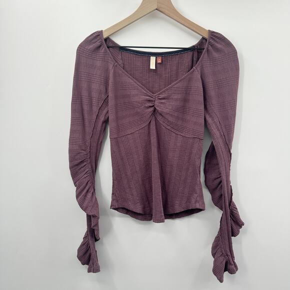 Anthropologie Pilcro‎ Ribbed Ruched-Sleeve Top in Mauve Purple Size M - Picture 3 of 12